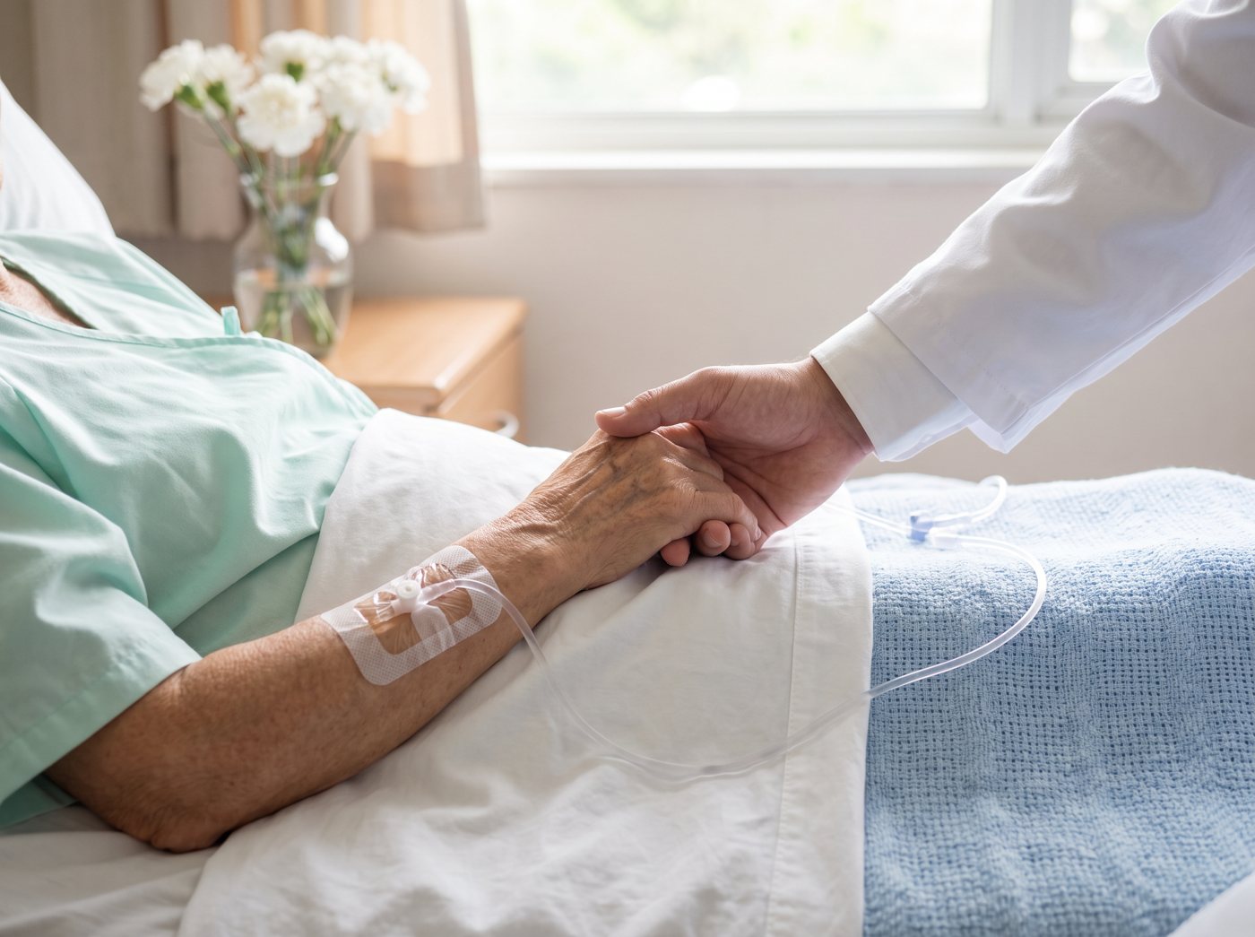 A physician in a white coat holding the hand of a patient receiving an IV infusion in a hospital bed